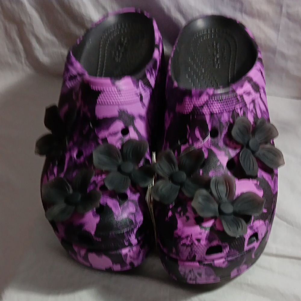 CROCS Purple and Black Floral Clogs